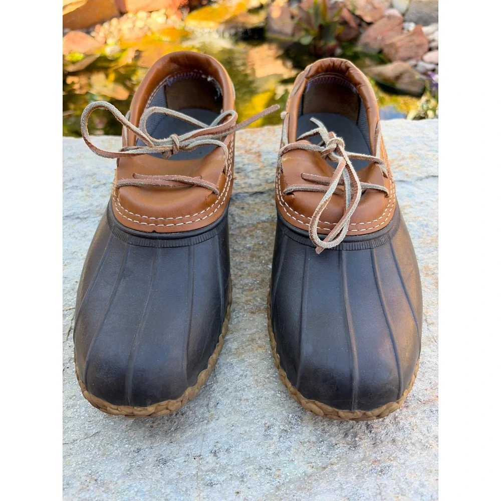 LL Bean Boots Mens 11 Rubber Moc Brown Navy Waterproof Rain Shoes Maine Made